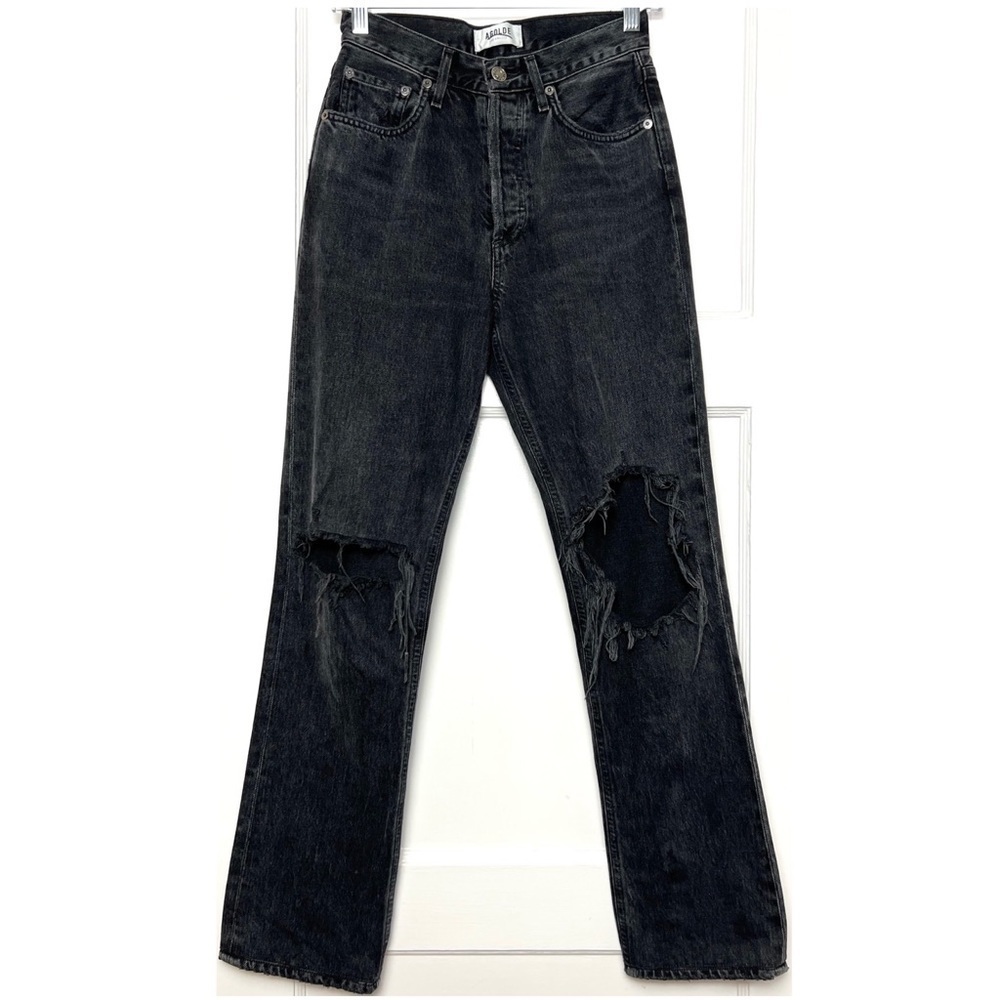 AGOLDE 90s Washed Black Distressed Denim Rip Knee Straight Leg Relaxed Jeans 23 - Picture 9 of 15